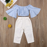 Blue Stripe Flare With Ripped jeans 2pcs Set